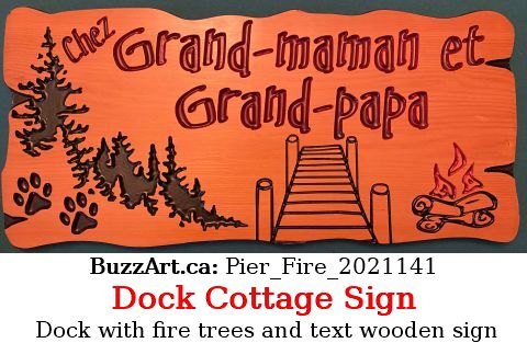 Dock with fire trees and text wooden sign